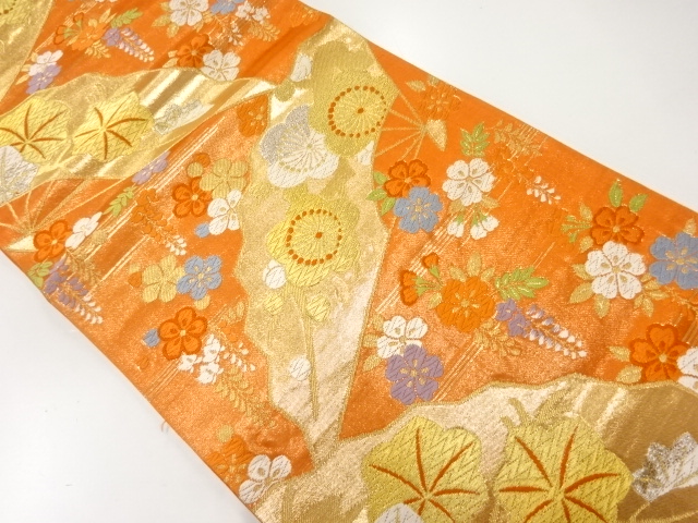 アンティーク　扇に梅・楓模様織出し袋帯（材料）